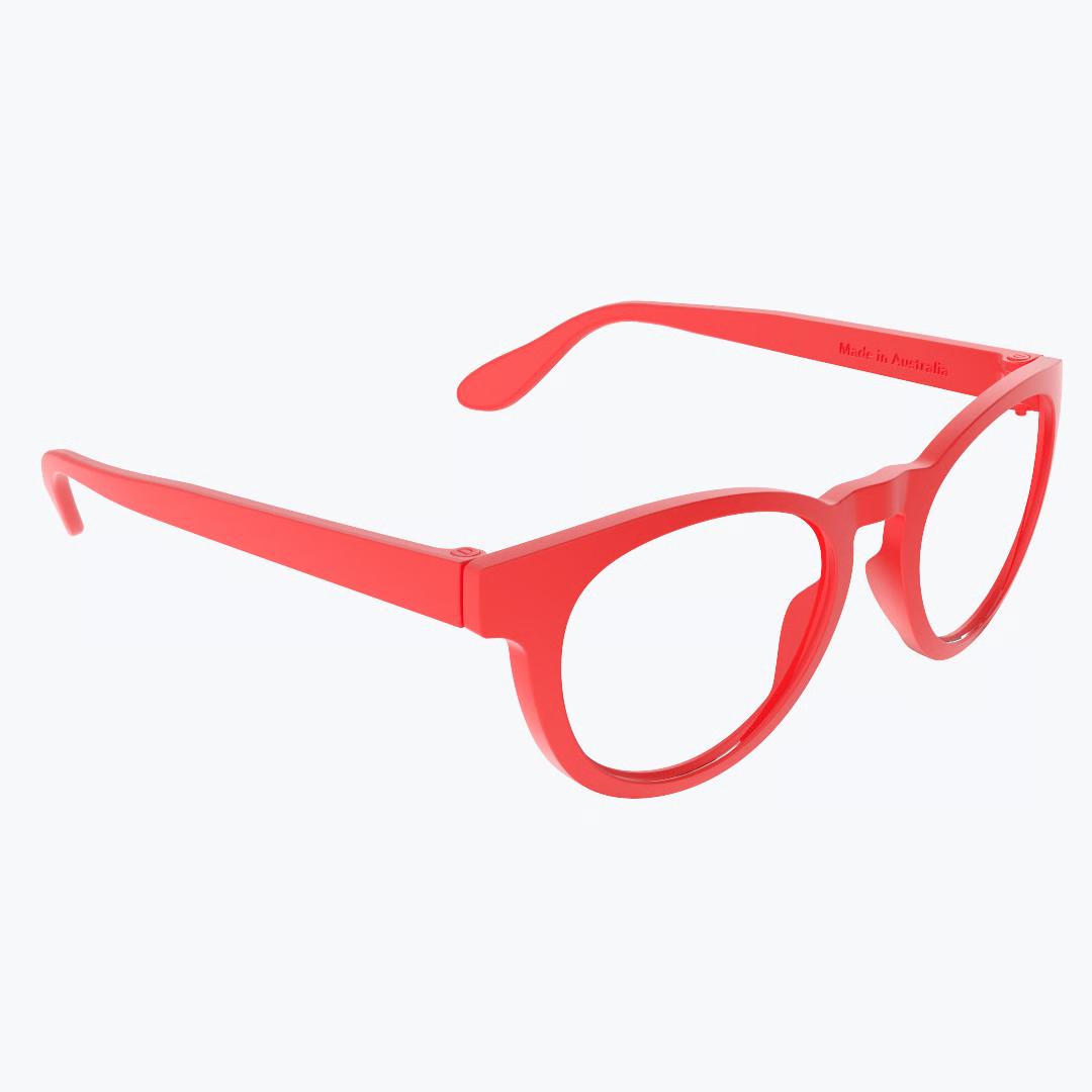 A bright red Dresden Vision Australia frame, showcasing the durable and flexible materials essential for comfortable, long-lasting glasses for children.