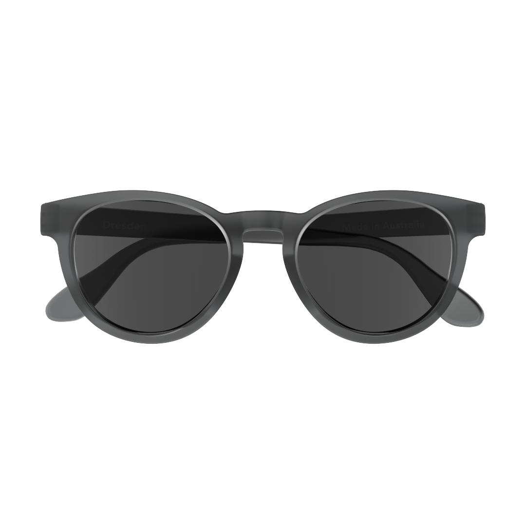 A pair of round, dark grey Dresden Vision Australia sunglasses, representing the popular and safe lens color that reduces brightness evenly for everyday Australian use.