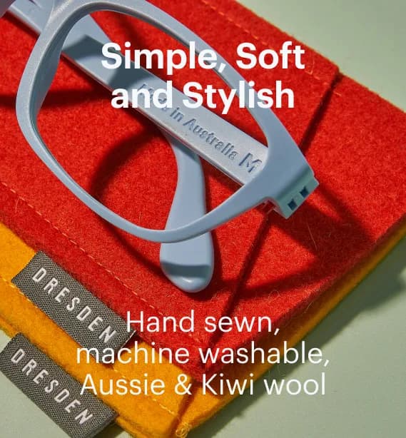 Dresden Vision Canada wool felt eyewear case with glasses highlighting durable, machine washable and compact protection