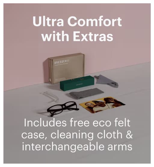 Dresden Vision eyewear bundle with accessories including eco felt case, cleaning cloth and interchangeable arms