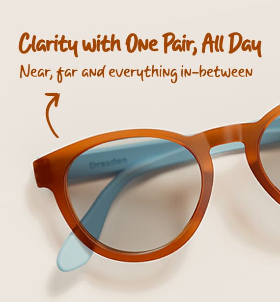 Dresden Vision Australia multifocal glasses frame close-up showing clear vision for near, far and intermediate distances