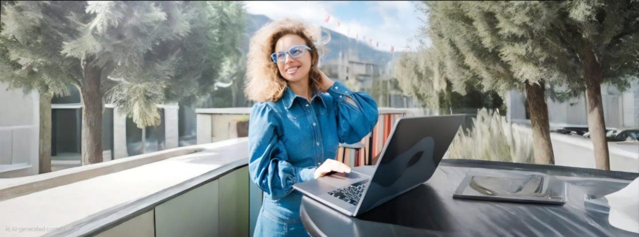 A professional woman in blue Dresden Vision New Zealand glasses enjoys an outdoor workspace, highlighting the perfect blend of eco-friendly design and modern style.