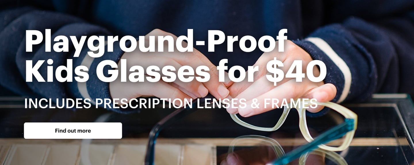 Dresden Vision Australia banner featuring a child holding colourful glasses and promoting playground-proof kids prescription glasses from $40, including frames and prescription lenses.