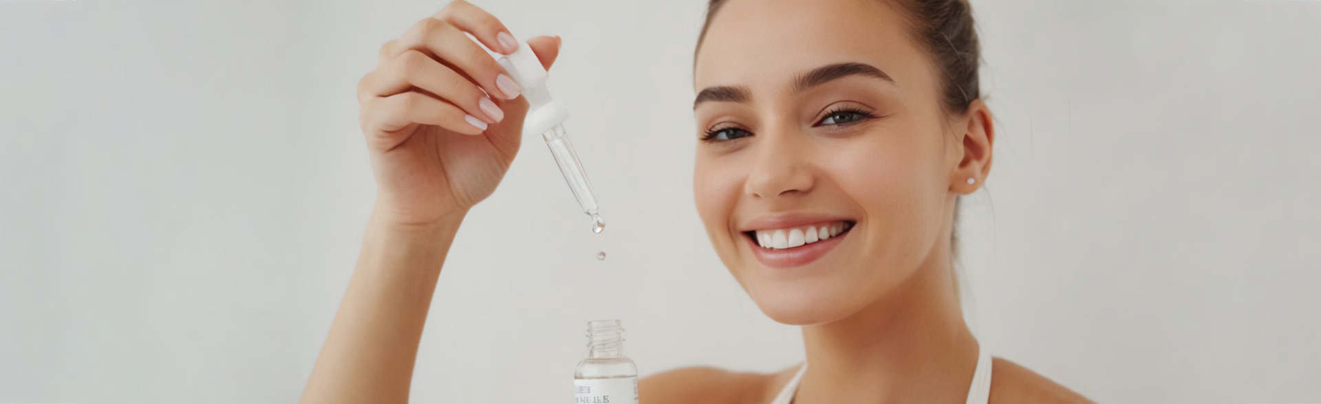 Smiling young woman demonstrating Canadian eye drops, holding dropper above small bottle. She's poised to apply the product, showcasing its use against a light background.