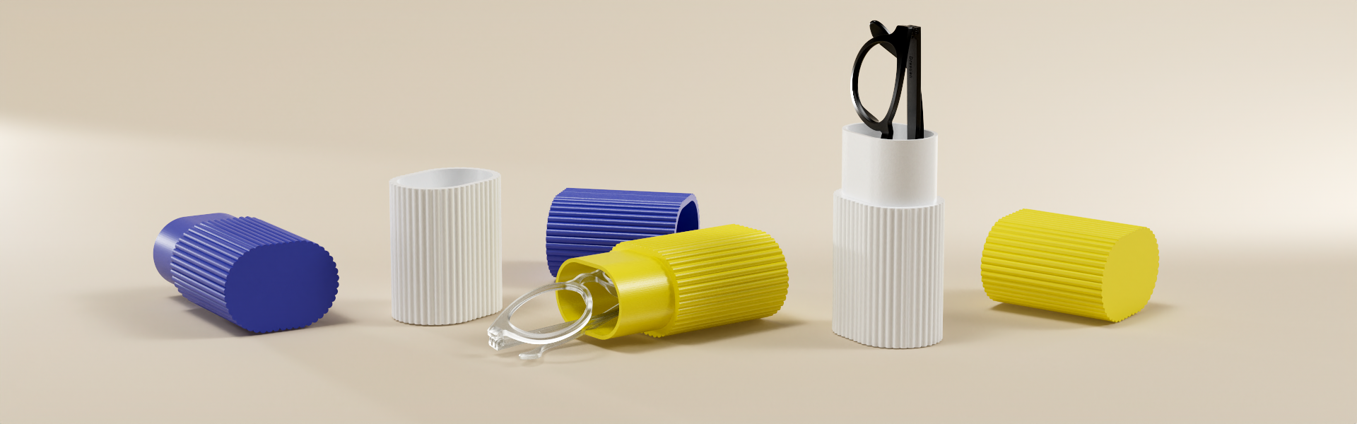 Ribbed hard glasses cases in single and two-tone designs, available for customers seeking strong and flexible eyewear protection.