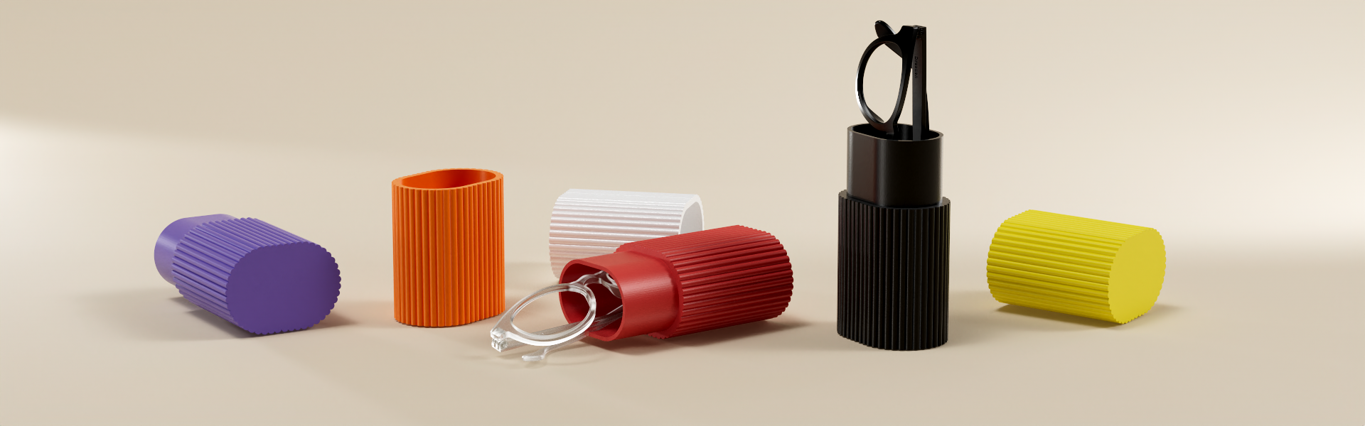 Ribbed hard glasses cases in single and two-tone designs, available for customers seeking strong and flexible eyewear protection.