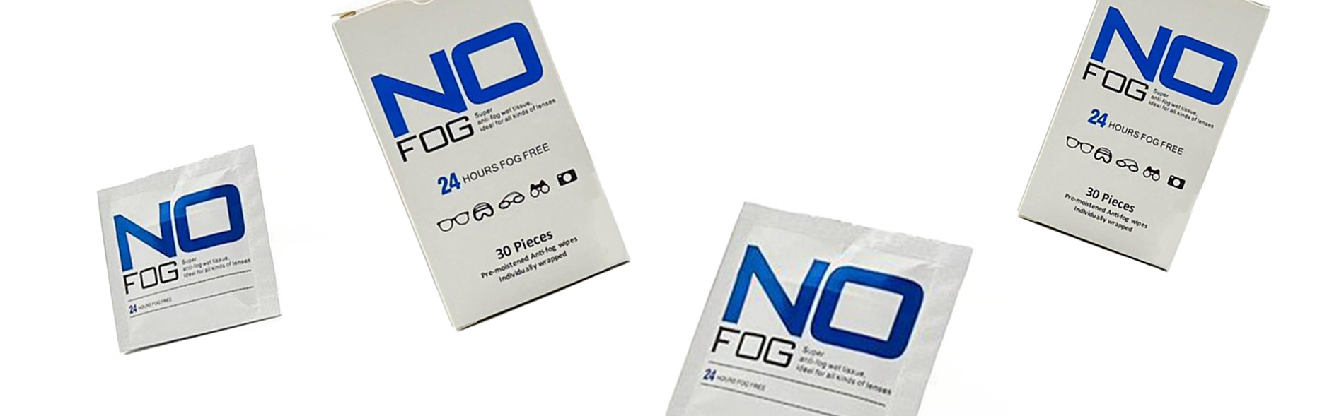 NO FOG anti-fog lens wipes packaging, showing boxes and a single sachet designed to keep eyeglasses fog-free for 24 hours.