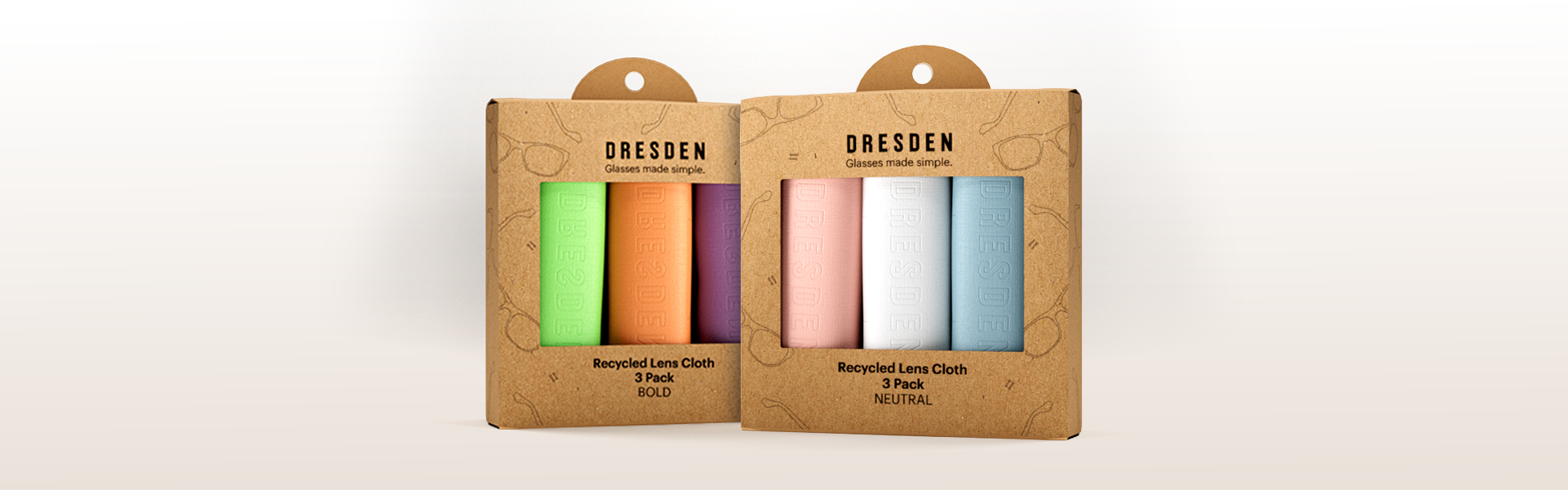 Two boxed 3-Pack Cleaning Cloths from Dresden Vision Australia, featuring recycled lens cloths in Bold (green, orange, purple) and Neutral (pink, white, blue) colour sets.