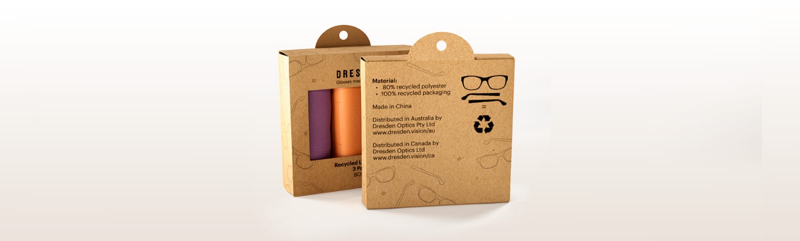 Recycled Cleaning Cloths 3-Pack by Dresden Vision Canada, featuring colourful Bold microfiber lens cloth options in sustainable packaging.