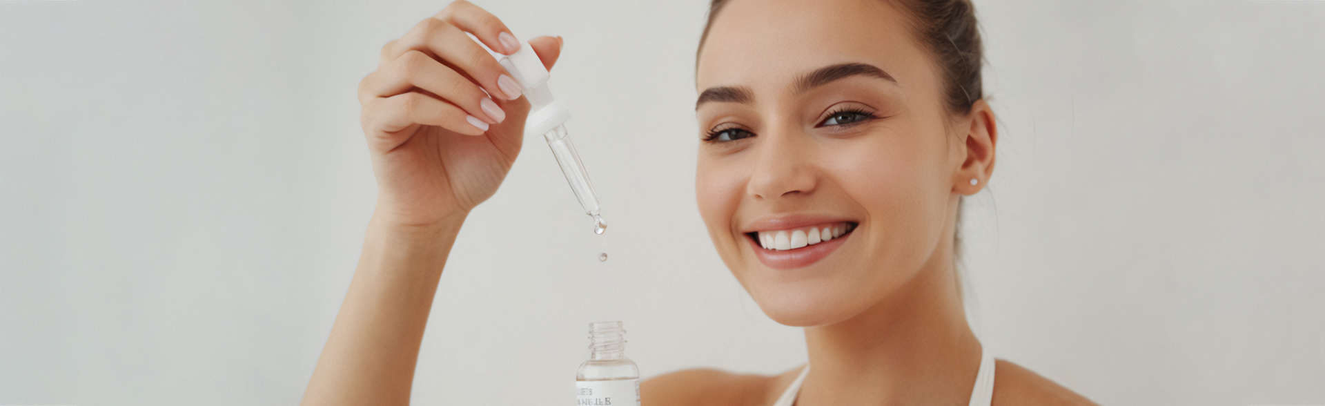 Smiling young woman demonstrating Australian eye drops, holding dropper above small bottle. She's poised to apply the product, showcasing its use against a light background.